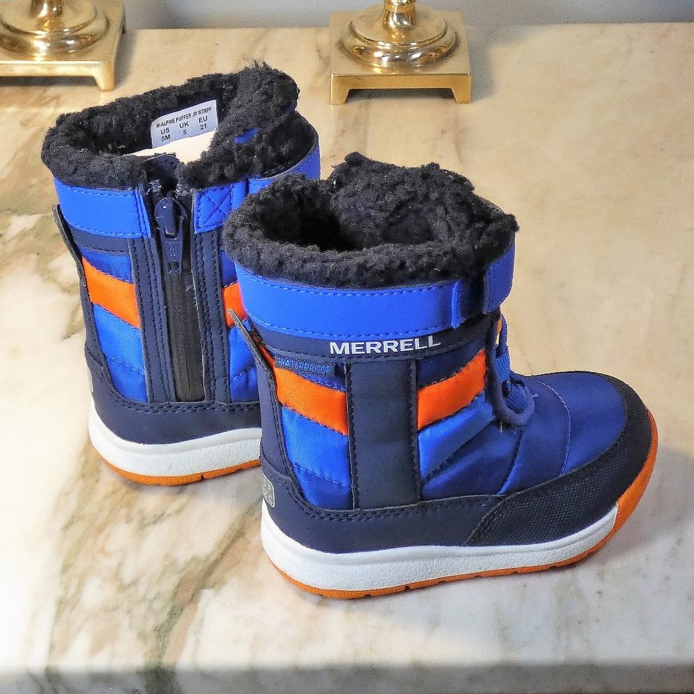 Merrell Alpine Puffer Snow Boot, Blue/Orange, 5 US Unisex Little Kid